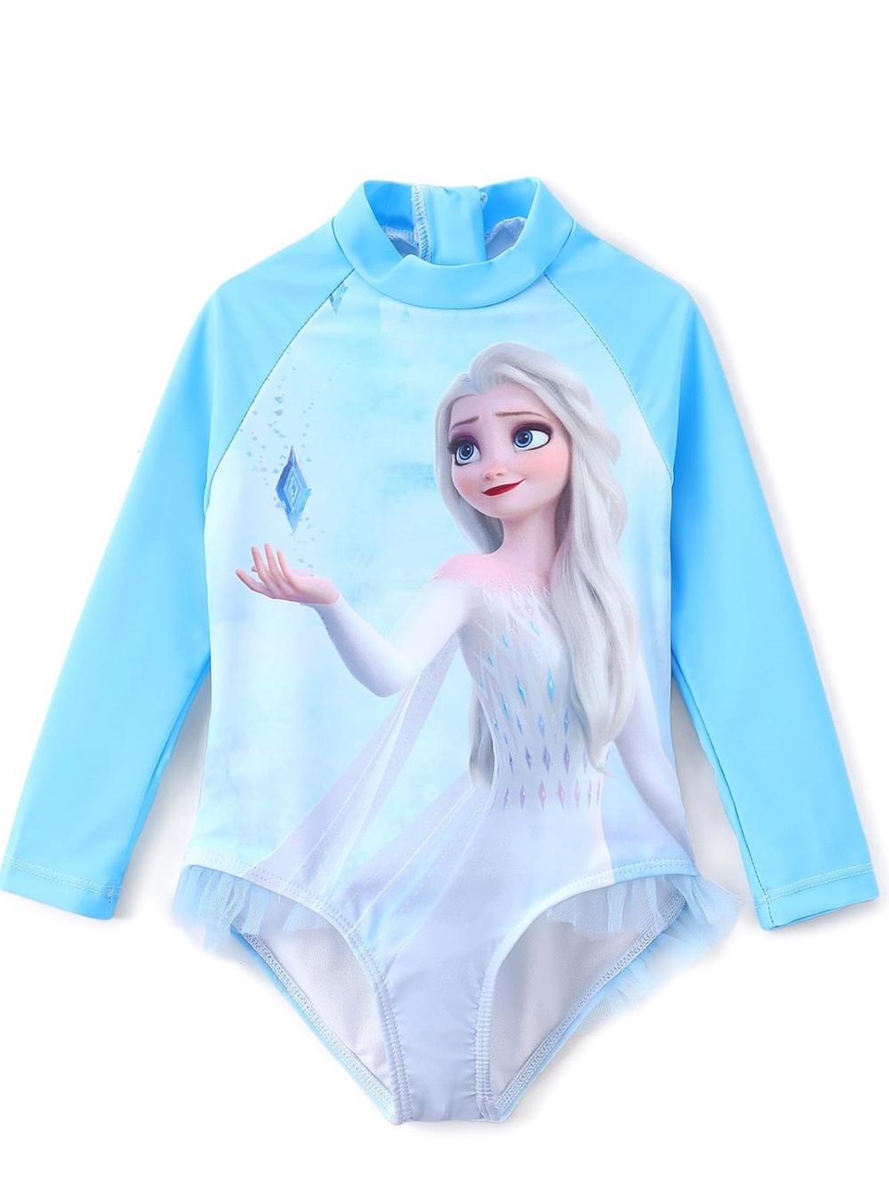 Girls Disney Frozen Elsa Long Sleeve One-Piece Swimsuit Rashguard UPF 50 3-4Y
